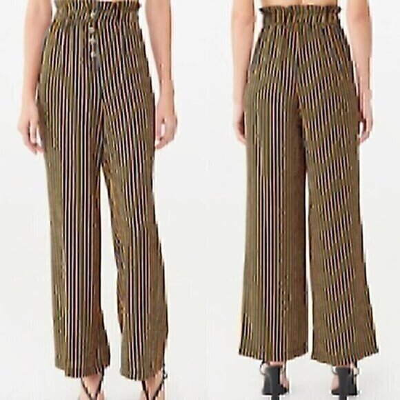 MUST HAVE FOREVER 21 Striped Paperbag Pants Black Mustard White Elastic Waist S - Picture 1 of 12